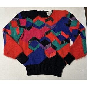 VTG Christine 80s Colorful Abstract Colorblock Rhinestone Knit Sweater Small